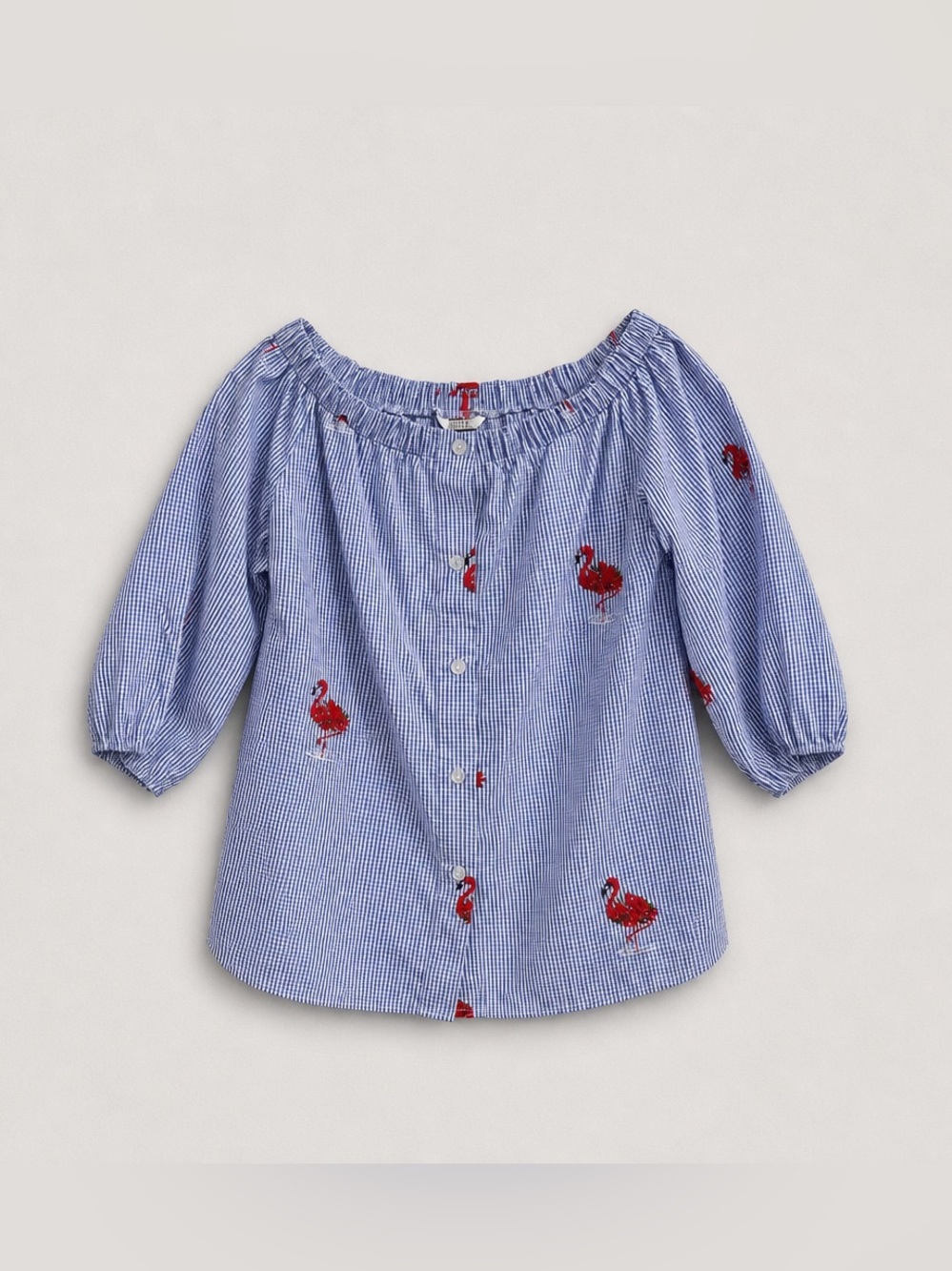 Blue Striped Off-Shoulder Top with Red Flamingo Embroidery
